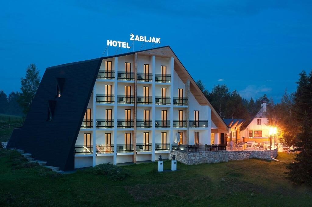 Hotel Žabljak at dusk in Žabljak, Montenegro